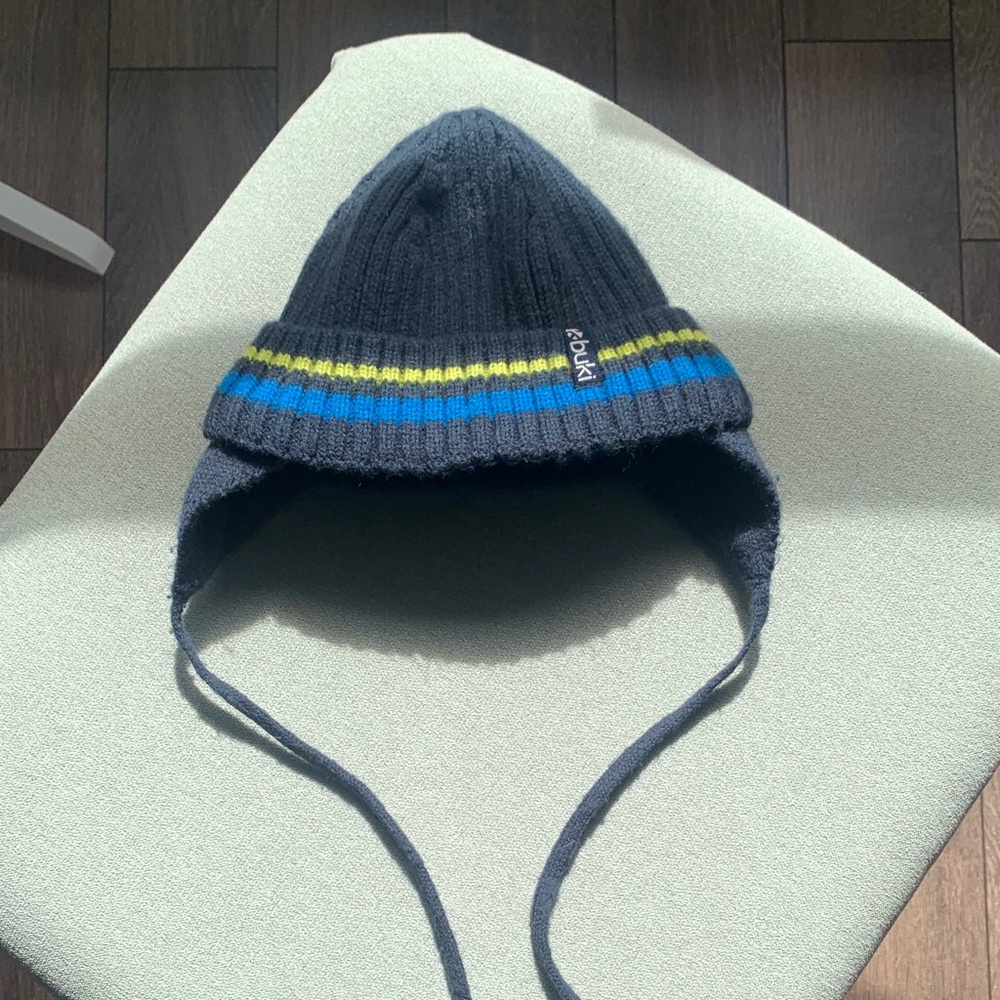 Navy Knit Hat with Ear Flaps and Stripes